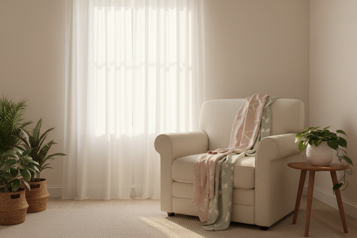 Cozy nursery with comfortable armchair, soft throw blanket, and houseplants by a sunlit window, calm setting for postpartum recovery