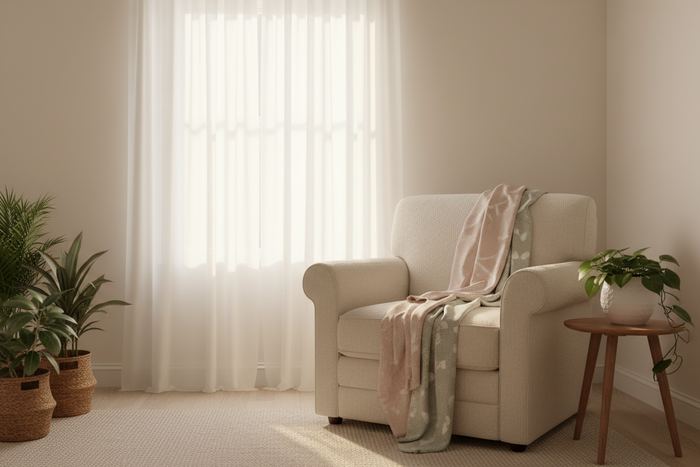 Cozy nursery with comfortable armchair, soft throw blanket, and houseplants by a sunlit window, calm setting for postpartum recovery