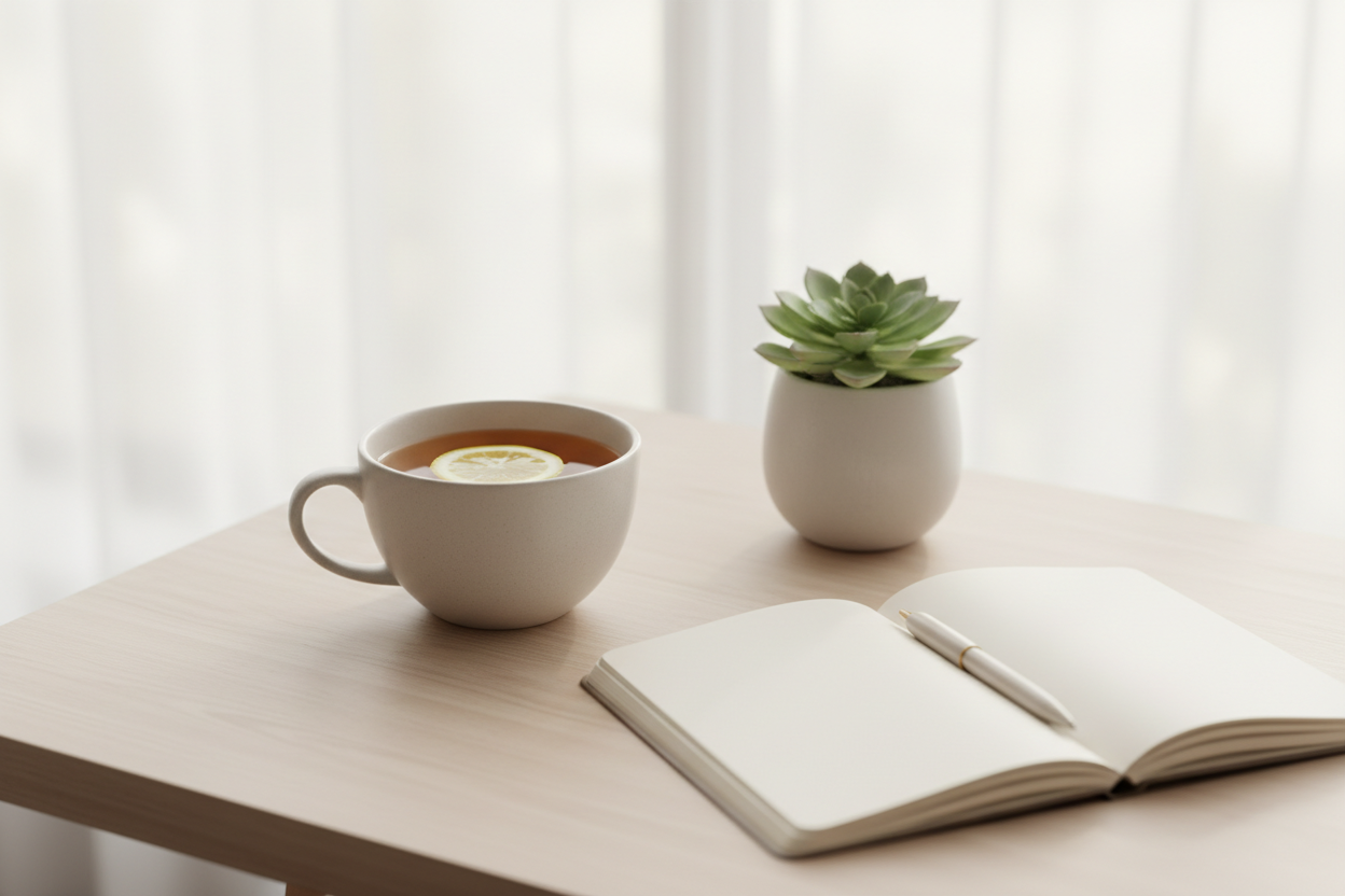 Cup of warm herbal tea, small succulent plant, and open journal on a wooden table with soft window light, calm reassurance theme for understanding rectal bleeding causes