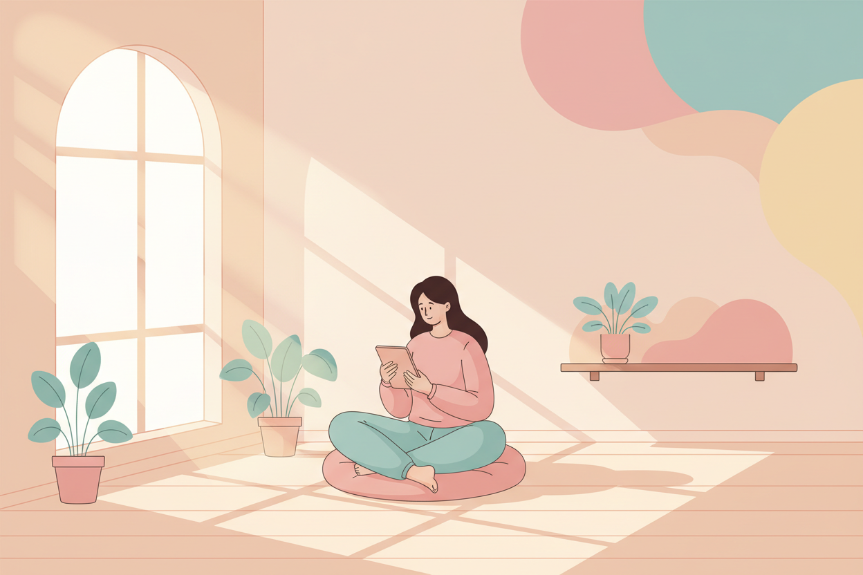 Calm illustration of a person sitting in a sunlit room reading health information on a tablet, conveying reassurance and clarity when researching rectal bleeding and hemorrhoid concerns