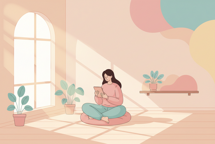 Calm illustration of a person sitting in a sunlit room reading health information on a tablet, conveying reassurance and clarity when researching rectal bleeding and hemorrhoid concerns